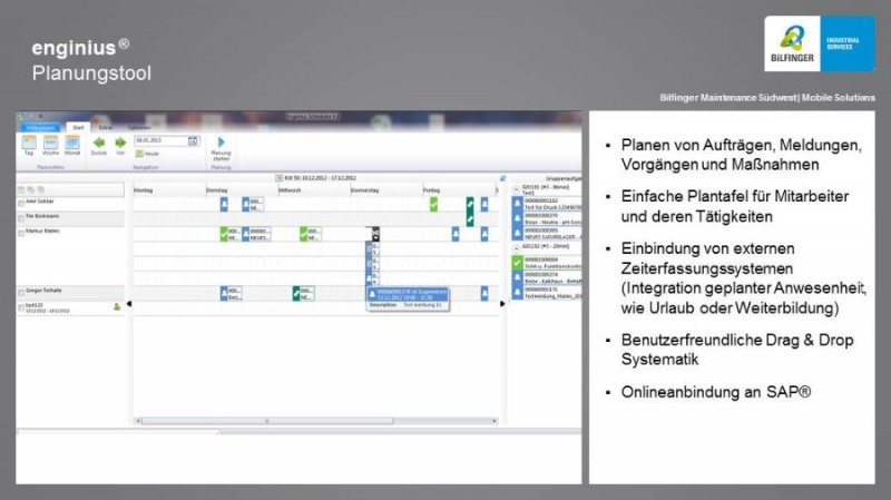 scrrenshot: enginius® Planungstool ermöglicht die grafische Ansicht von SAP Aufträgen, Meldungen und einfache Zuordnung der Aufträge an Mitarbeiter + Ansicht Abarbeitung verplanter Aufträge